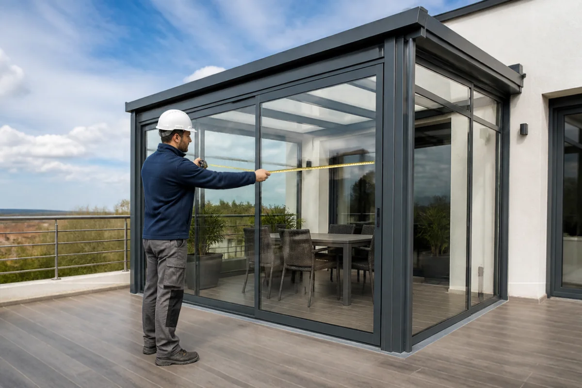 Tecnico con casco che misura una veranda costruita su un terrazzo