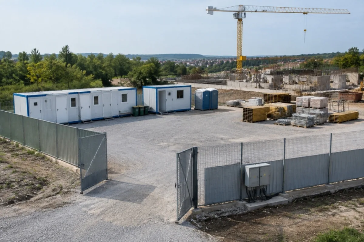 Allestimento del cantiere edile con recinzione, monoblocchi per i servizi e gru a torre