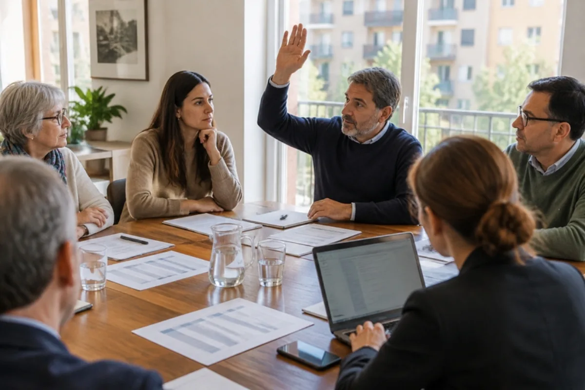 Assemblea di condominio che vota l'approvazione delle tabelle millesimali
