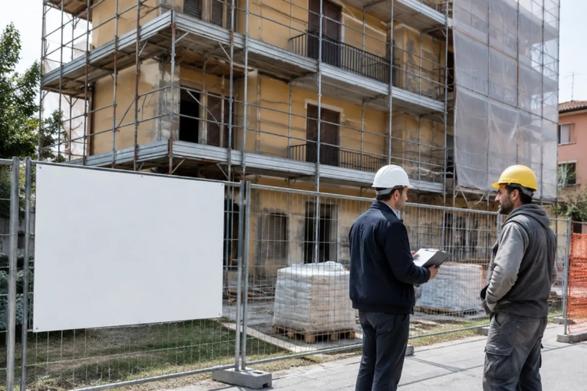 Cantiere temporaneo o mobile di una palazzina in ristrutturazione con ponteggio e recinzione