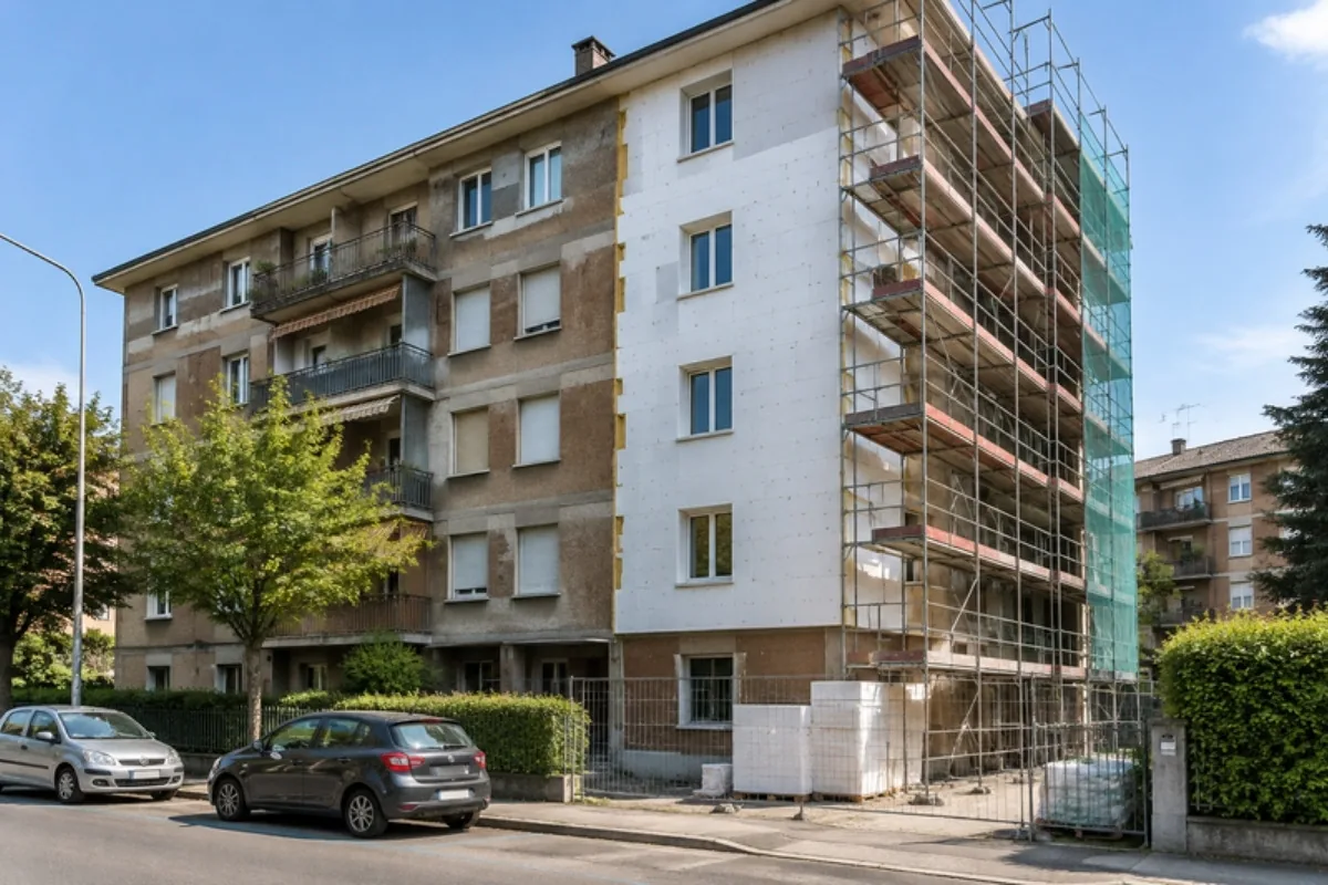 Condominio in riqualificazione energetica con cappotto termico e ponteggi