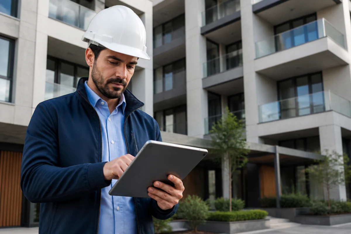 Tecnico con casco che verifica su tablet un edificio residenziale appena ultimato