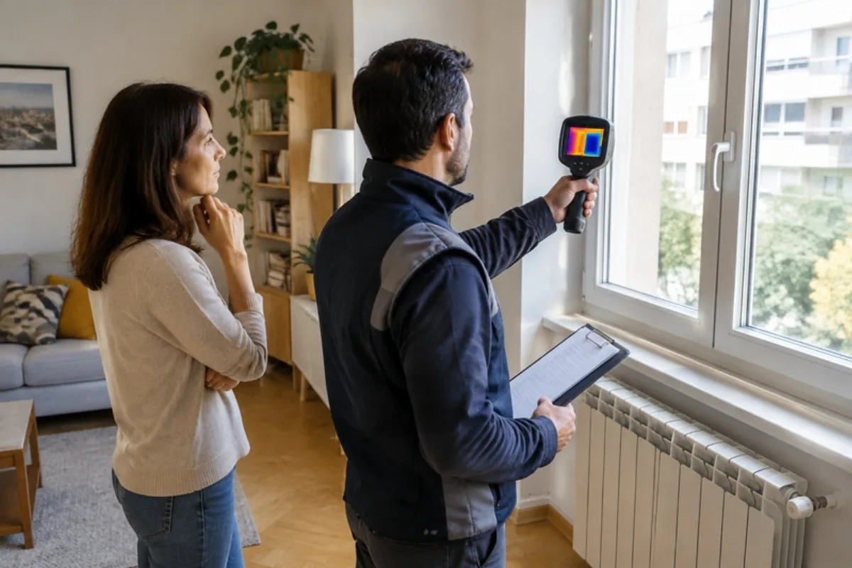 Certificatore energetico durante il sopralluogo per l'APE di un appartamento