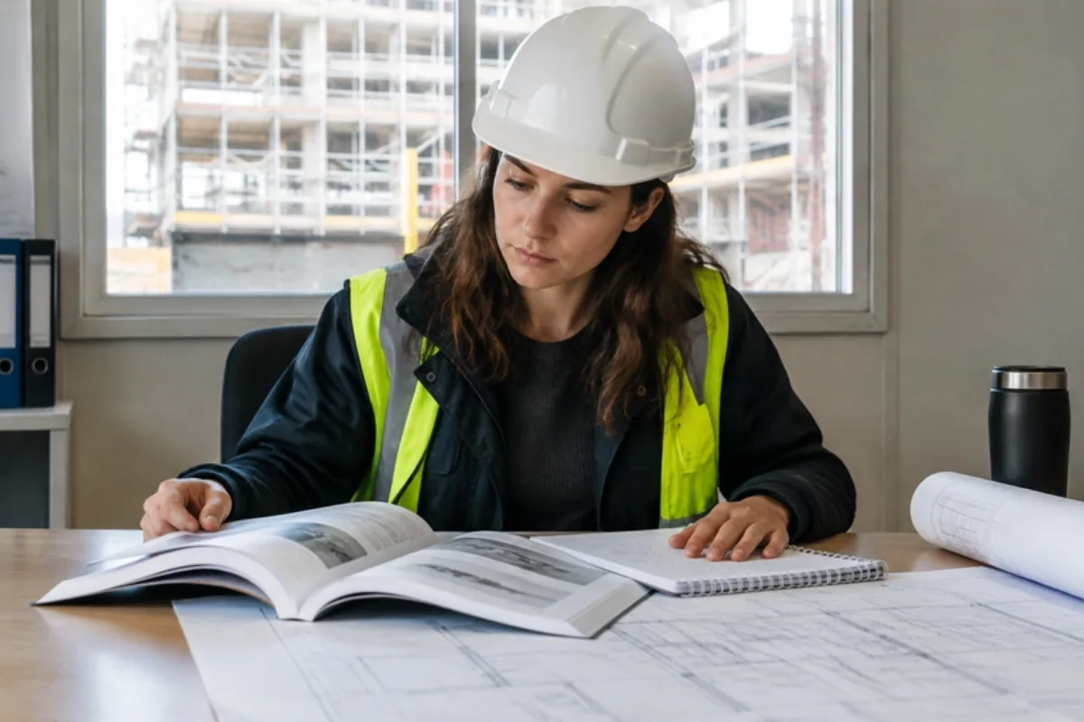 Tecnica che studia per diventare coordinatore della sicurezza nei cantieri