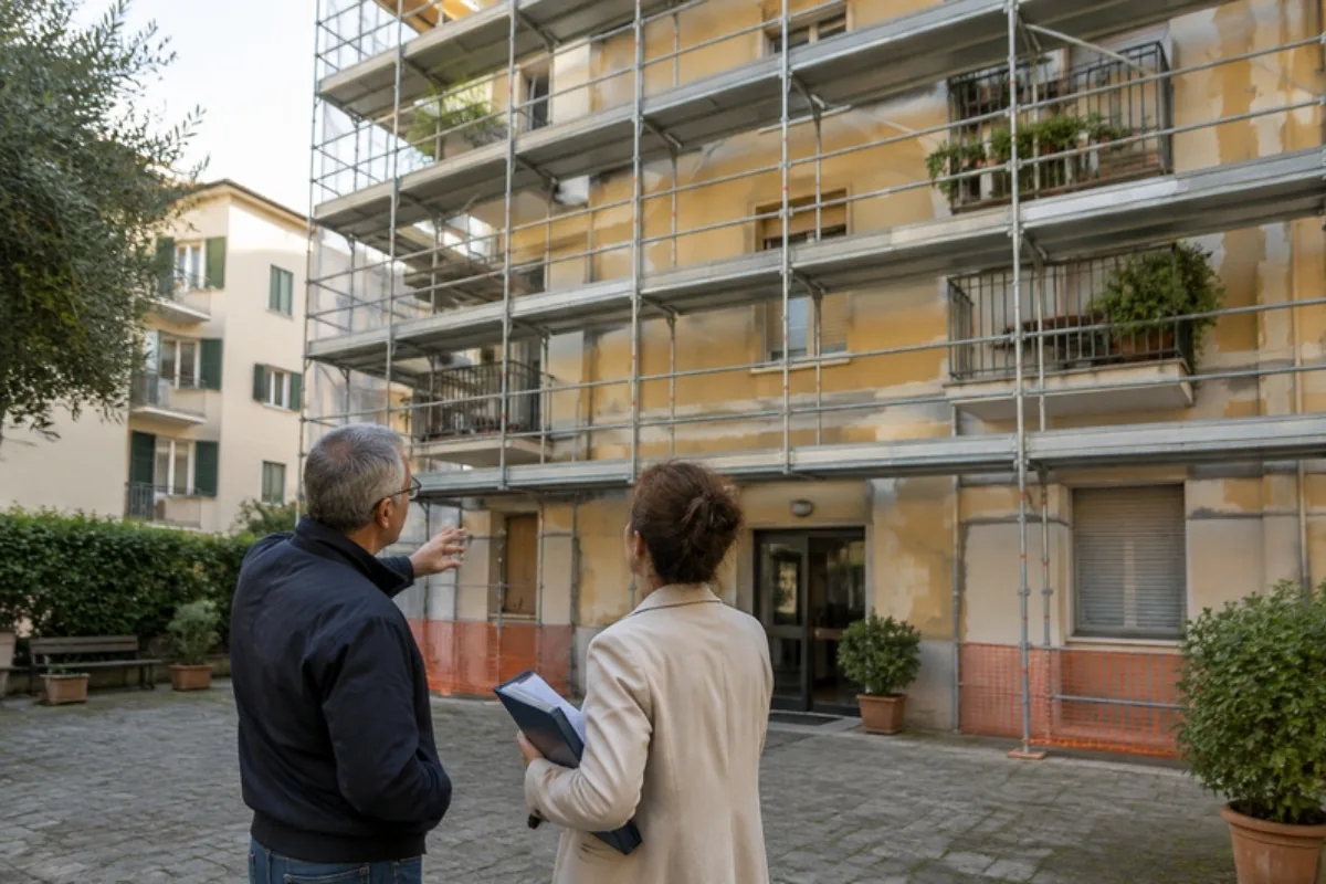 Condomini davanti alla facciata in ristrutturazione di un condominio senza tabelle millesimali