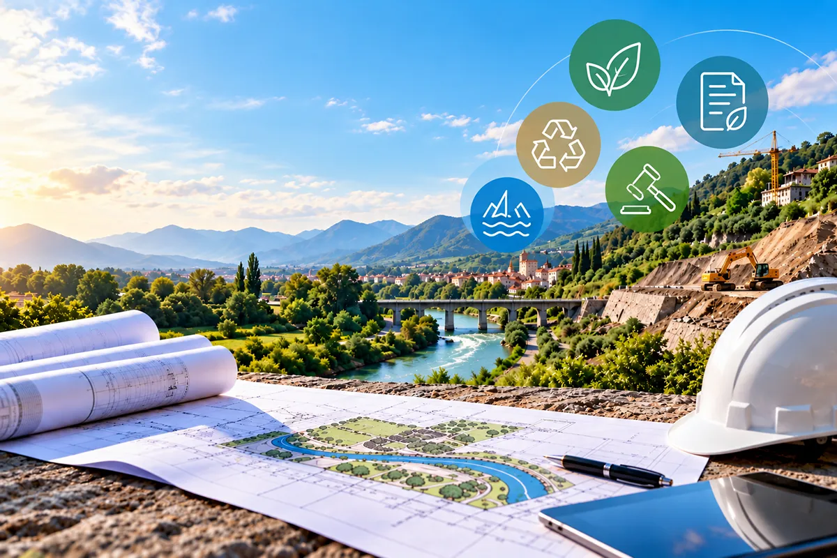 Decreto Ambiente 2026: paesaggio con cantiere, fiume e simboli di tutela ambientale