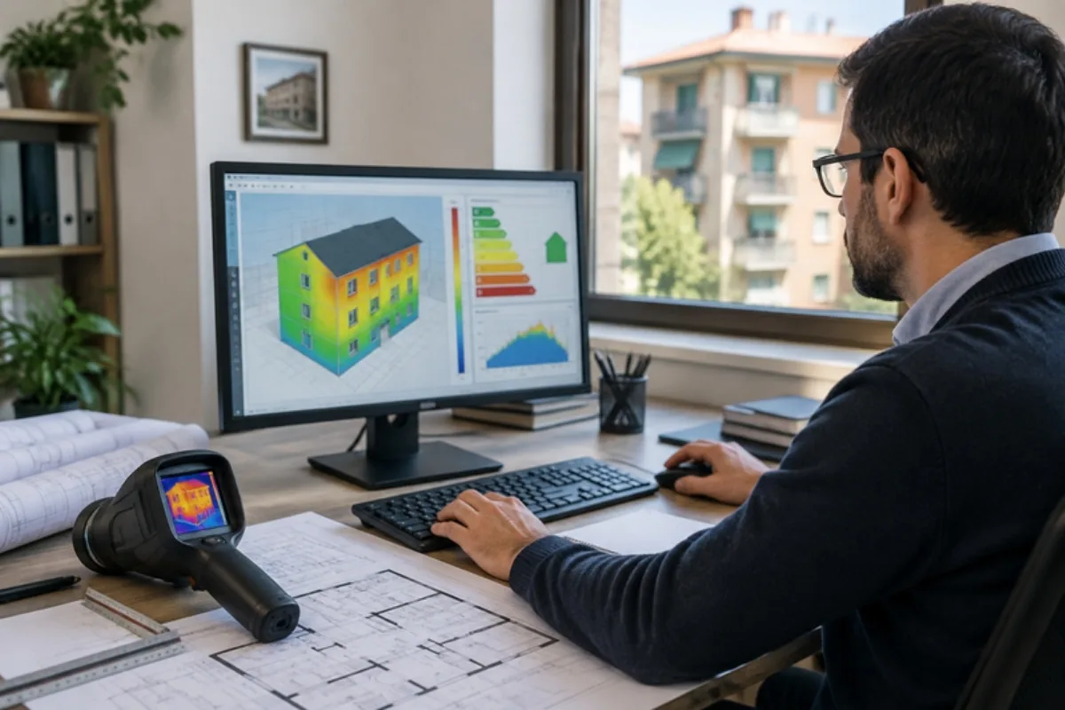 Tecnico che redige un attestato di prestazione energetica al computer