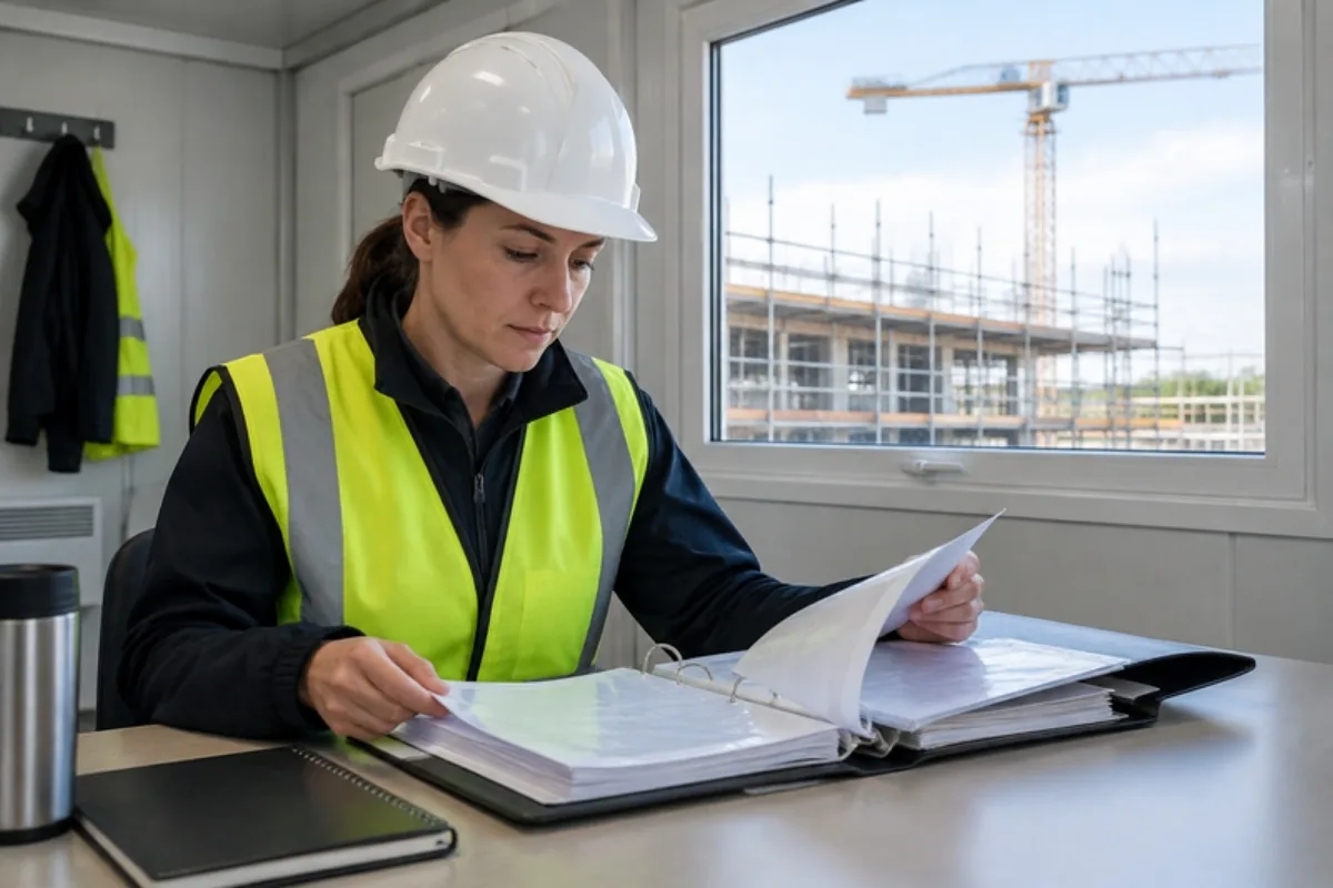 Coordinatore per la sicurezza: quali documenti tenere e verificare in cantiere Coordinatore per la sicurezza che controlla i documenti di cantiere nel container ufficio