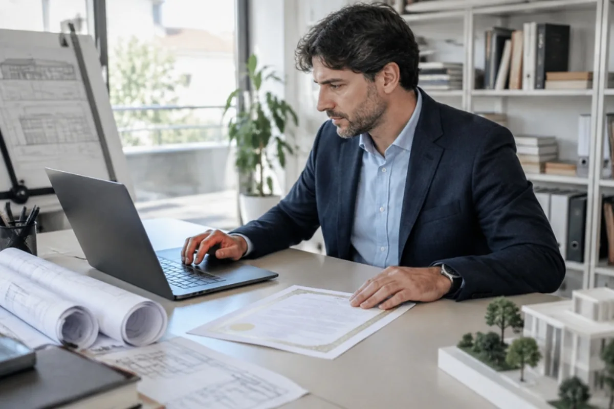Ingegnere nel suo studio che richiede online il certificato di regolarità contributiva