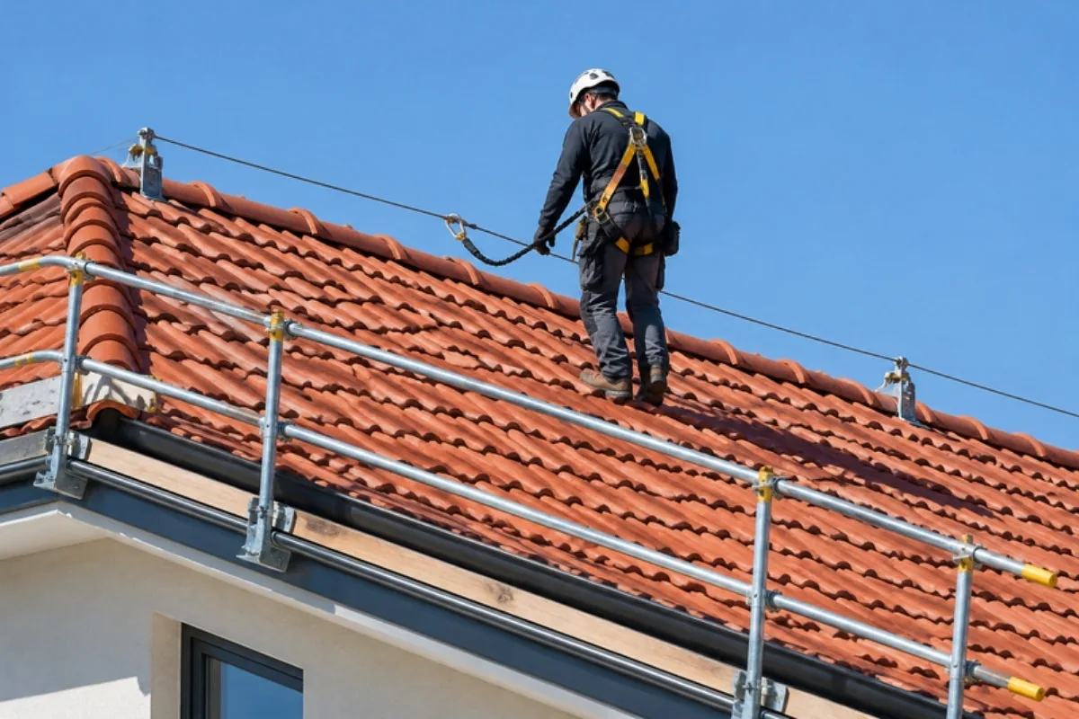 Operatore agganciato alla linea vita sul colmo di un tetto a falde con parapetto provvisorio