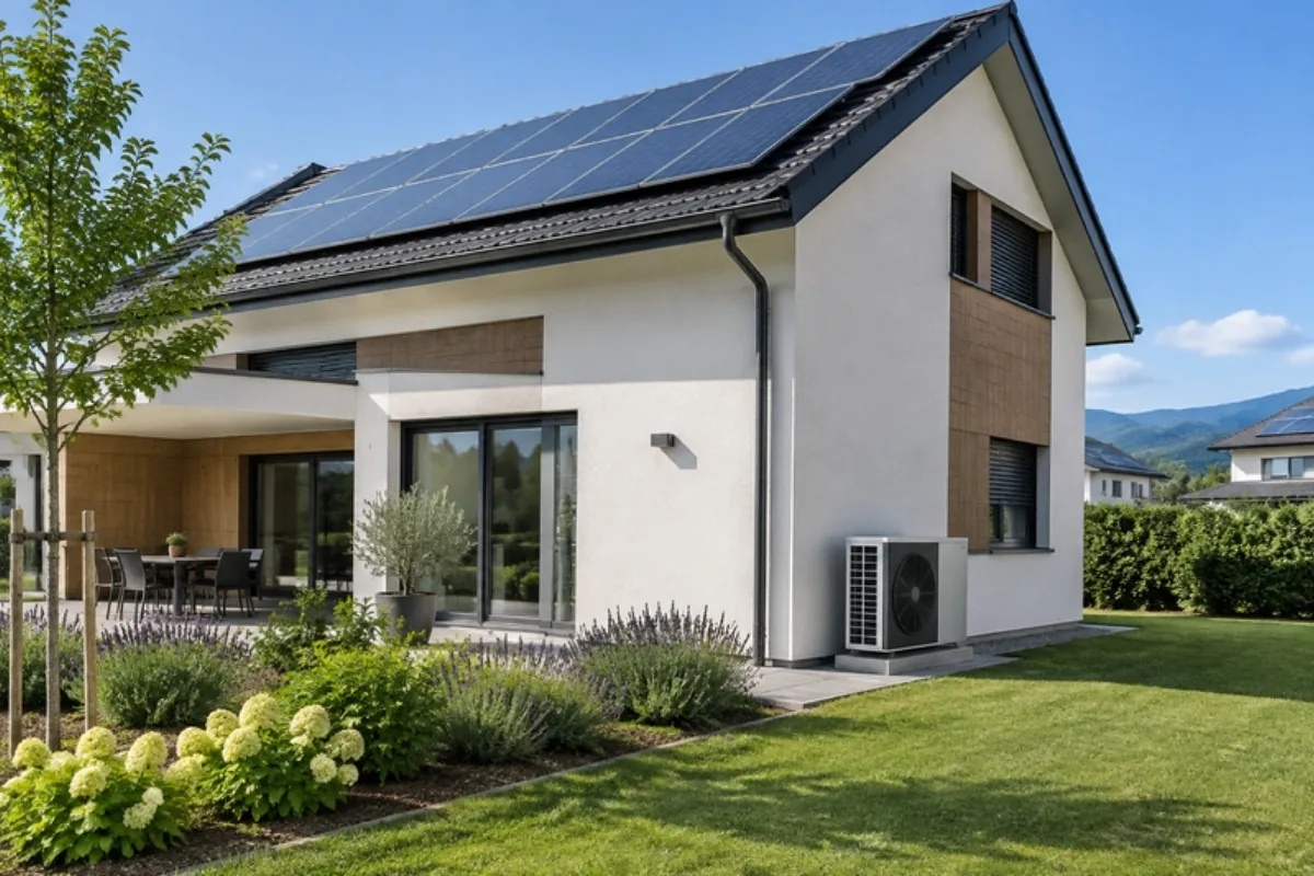 Edificio residenziale con impianto fotovoltaico sul tetto e pompa di calore