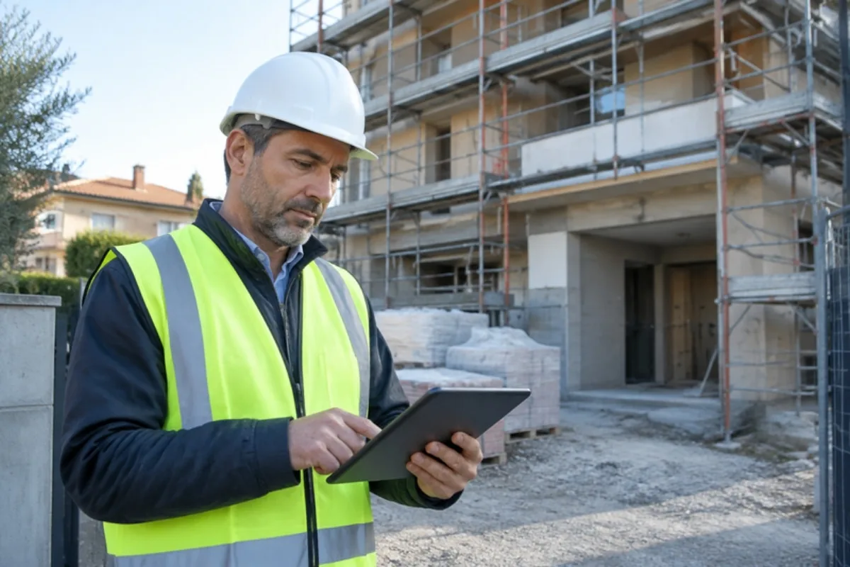 Titolare di impresa edile che controlla la patente a crediti sul tablet all'ingresso del cantiere
