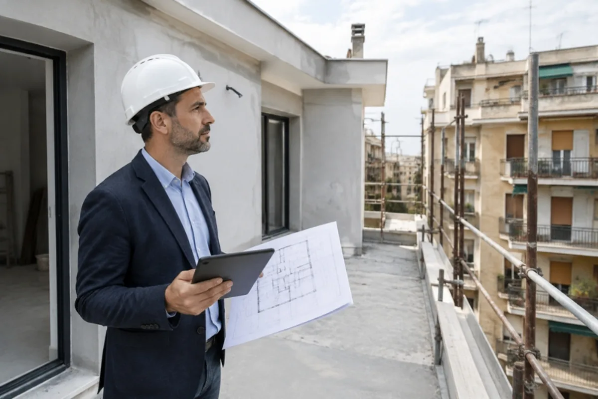 Tecnico su una sopraelevazione che verifica le tabelle millesimali del condominio