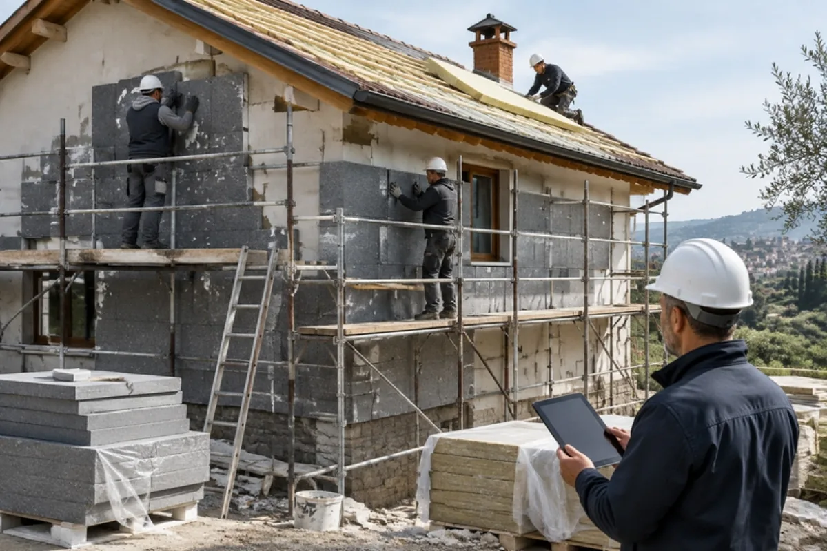 Cantiere di ristrutturazione dell'involucro di una casa con posa dell'isolamento