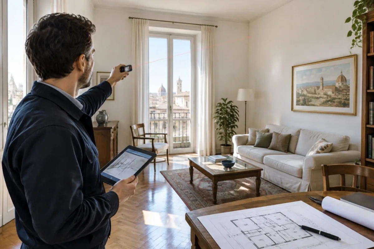 Perito che misura un appartamento durante il sopralluogo per la stima immobiliare