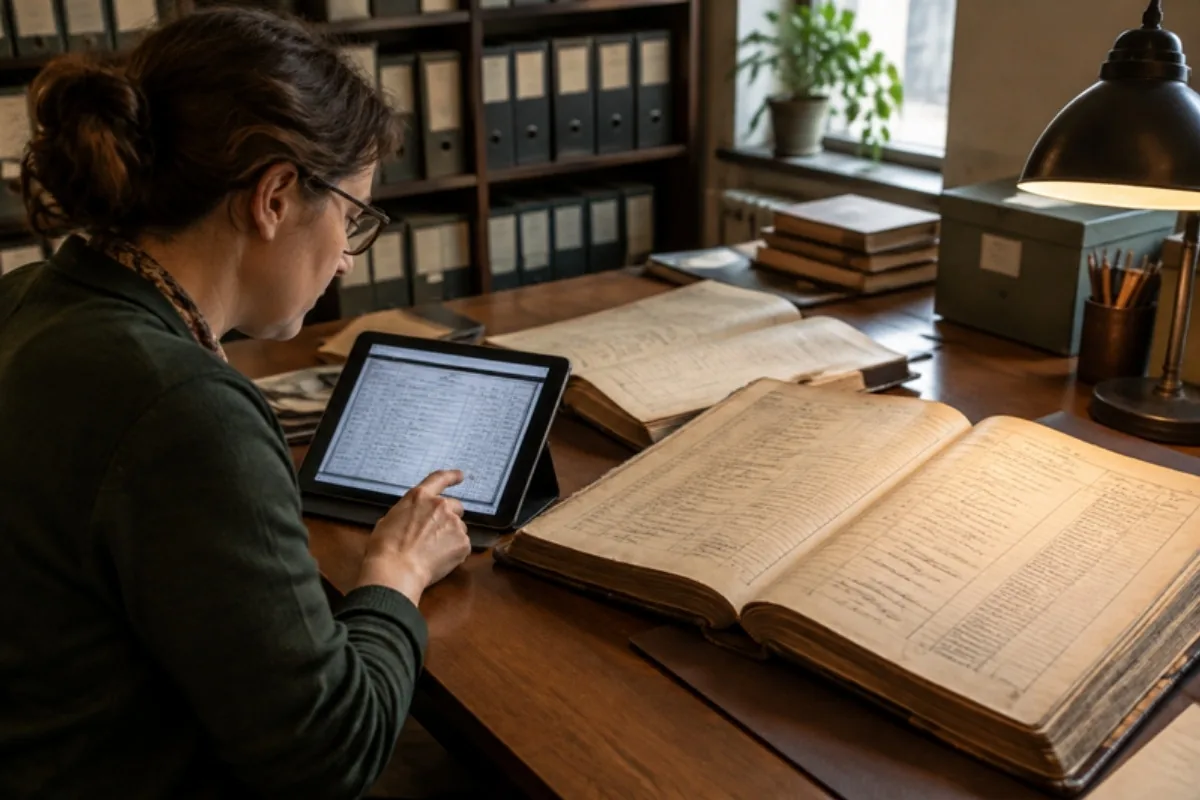 Consultazione di una visura catastale storica accanto a vecchi registri del catasto Consultazione di una visura catastale storica accanto a vecchi registri del catasto